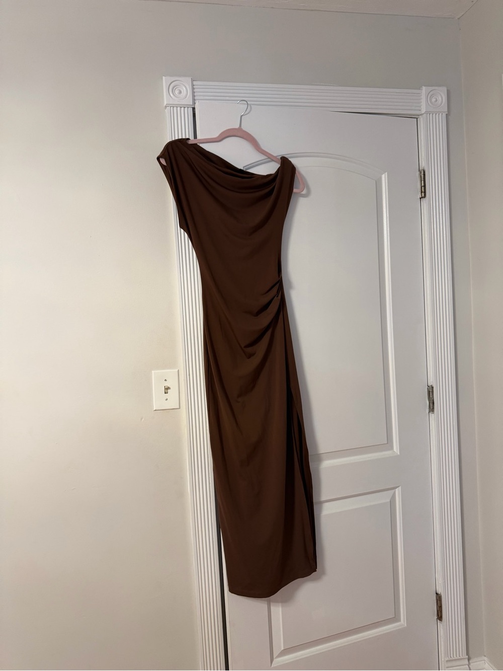 Dynamite One-Shoulder Chocolate Brown Draped Midi Dress